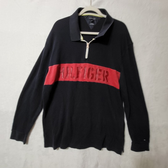 Vintage Y2K Tommy Hilfiger Long Sleeve Polo Shirt‎ Quarter Zip Pullover Top 3XL - Picture 1 of 12